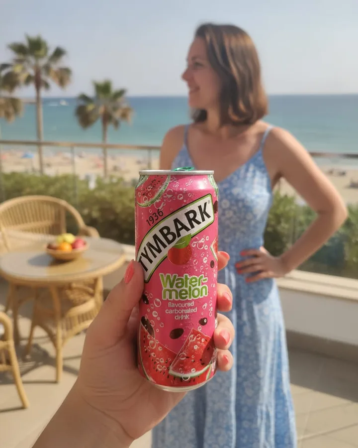 The same can held on a terrace overlooking a beach and palm trees