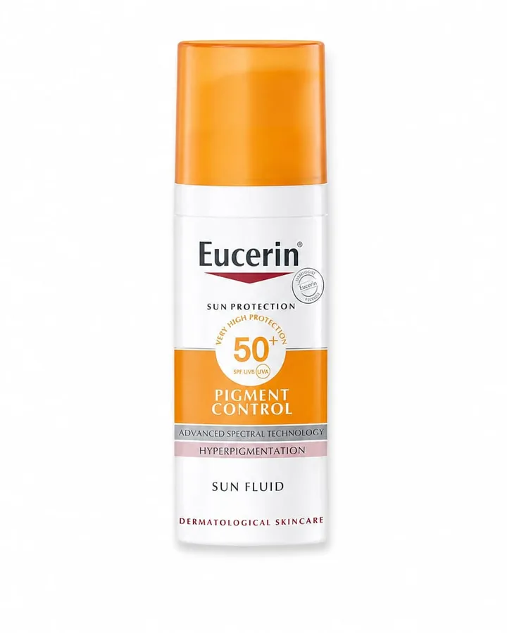 A sun protection bottle photographed flat against a plain white background