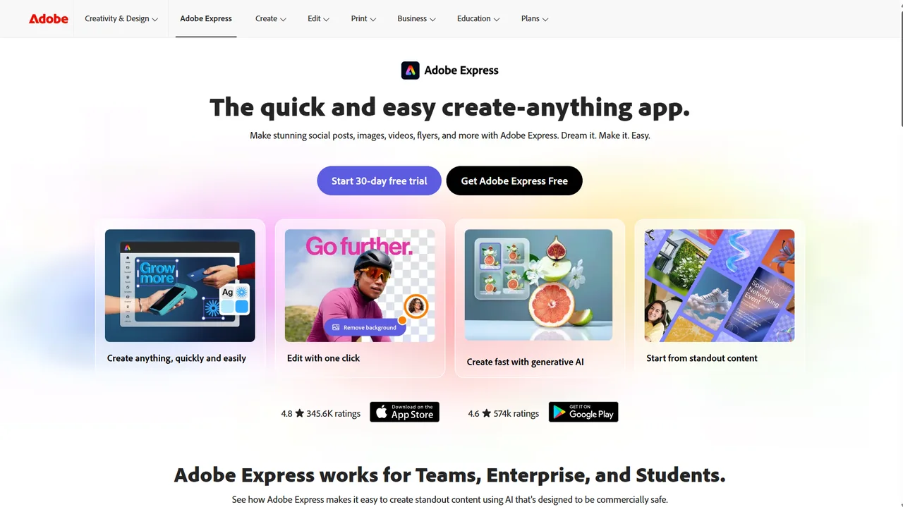 The Adobe Express home page as it rendered on 2 August 2026, headed “The quick and easy create-anything app”