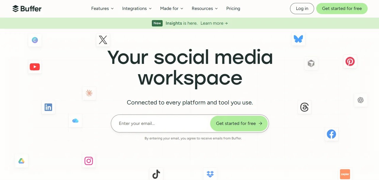 The Buffer home page as it rendered on 2 August 2026, headed “Your social media workspace”