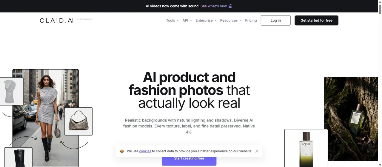 The Claid.ai home page as it rendered on 2 August 2026, headed “AI product and fashion photos that actually look real”