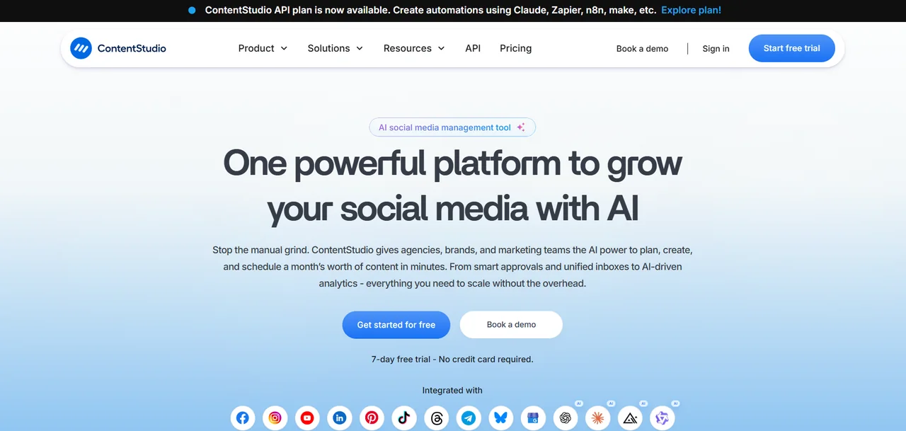 The ContentStudio home page as it rendered on 2 August 2026, headed “One powerful platform to grow your social media with AI”