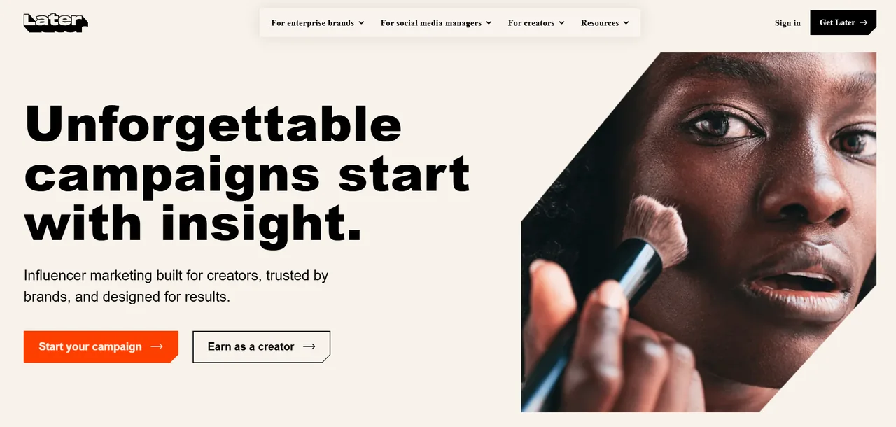 The Later home page as it rendered on 2 August 2026, headed “Unforgettable campaigns start with insight”