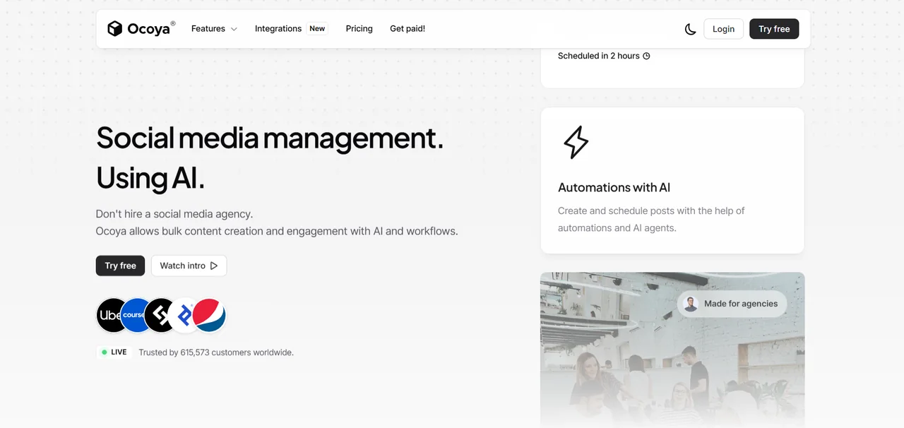 The Ocoya home page as it rendered on 2 August 2026, headed “Social media management. Using AI.”