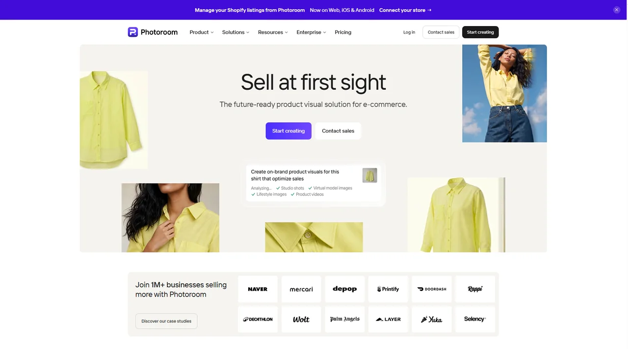 The Photoroom home page as it rendered on 2 August 2026, headed “Sell at first sight”