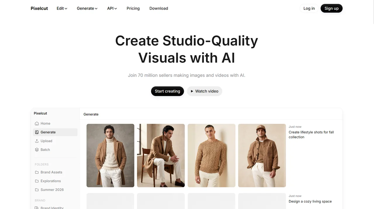 The Pixelcut home page as it rendered on 2 August 2026, headed “Create Studio-Quality Visuals with AI”