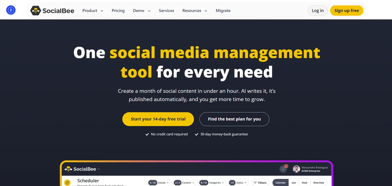 The SocialBee home page as it rendered on 2 August 2026, headed “One social media management tool for every need”