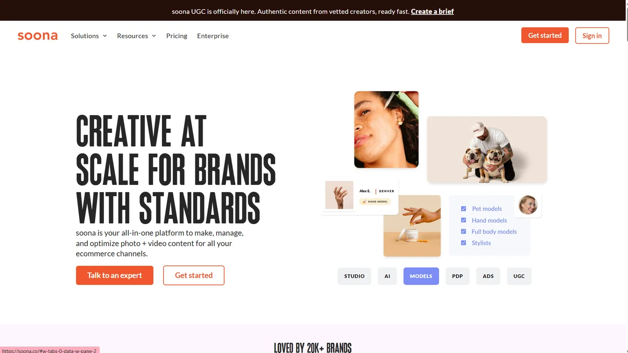The soona home page as it rendered on 2 August 2026, headed “Creative at scale for brands with standards”
