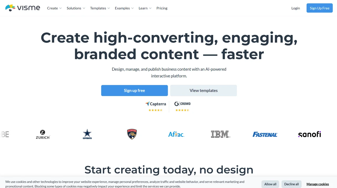 The Visme home page as it rendered on 2 August 2026, headed “Create high-converting, engaging, branded content — faster”