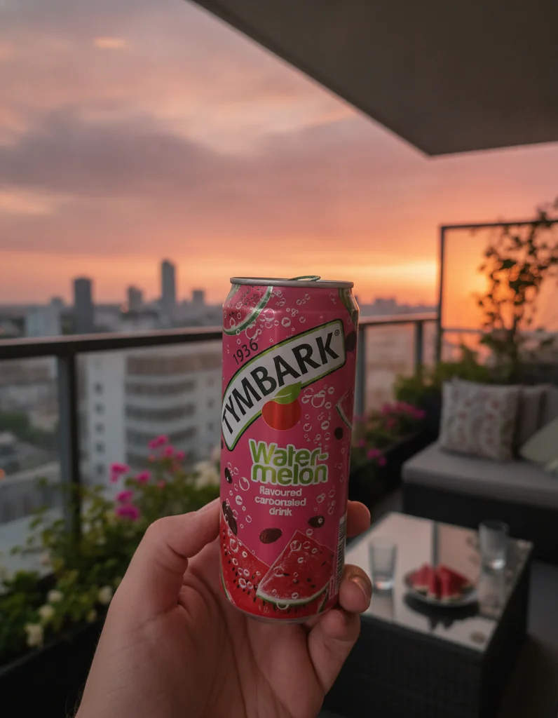 The same drink can restyled by startposting: held against a city skyline at dusk