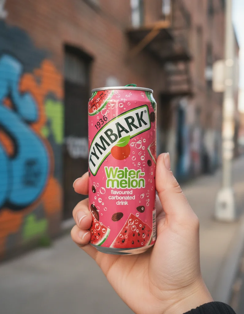 The same drink can restyled by startposting: held in front of a graffiti wall