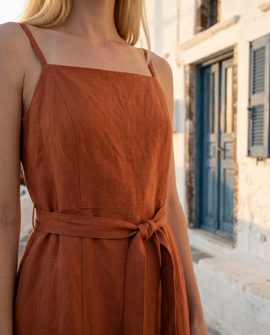 AI fashion model Emma wearing the terracotta linen dress, Detail pose