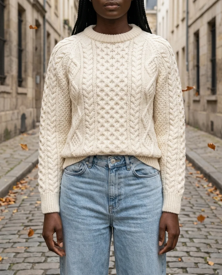 AI fashion model Zara wearing the cable-knit sweater and wide-leg jeans, Detail pose