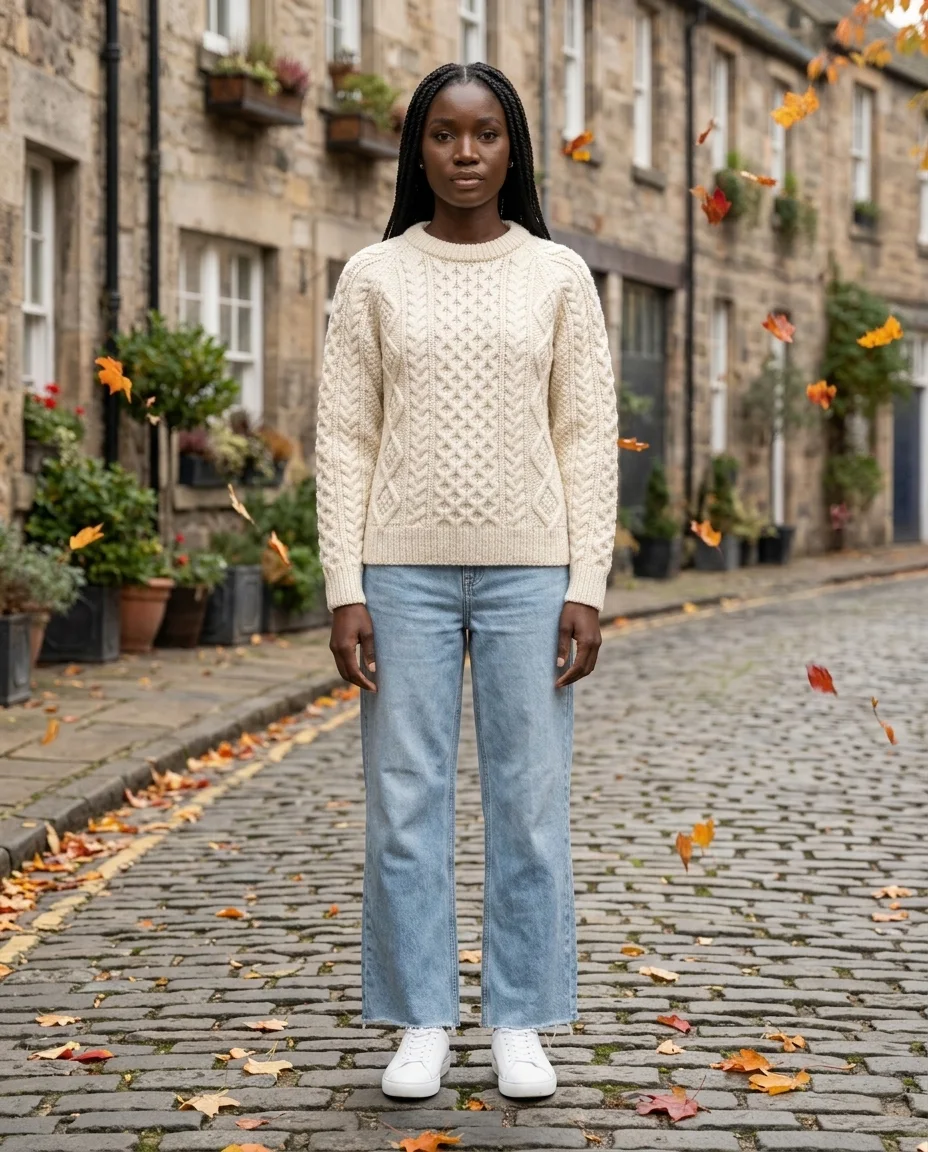 AI fashion model Zara wearing the cable-knit sweater and wide-leg jeans, Front pose