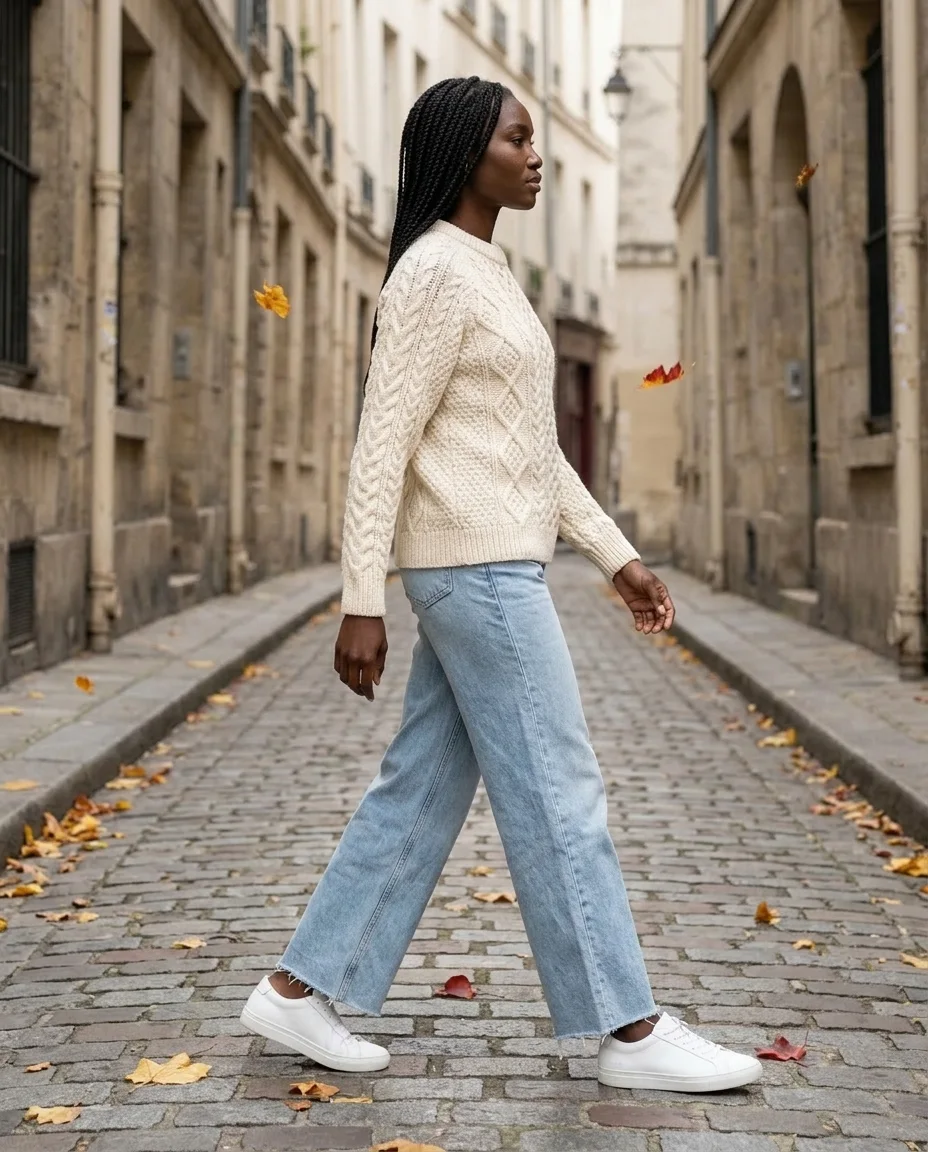 AI fashion model Zara wearing the cable-knit sweater and wide-leg jeans, Profile pose