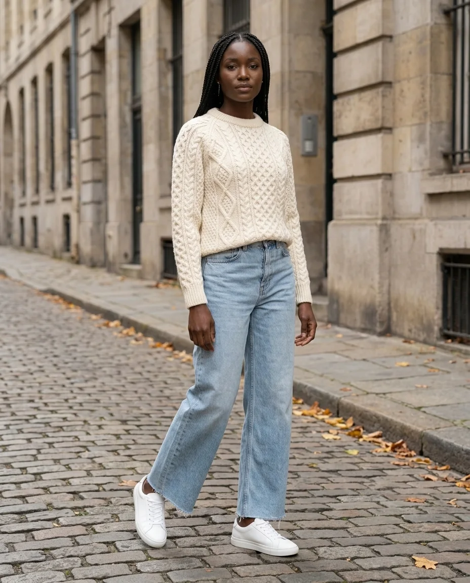 AI fashion model Zara wearing the cable-knit sweater and wide-leg jeans, 3/4 pose