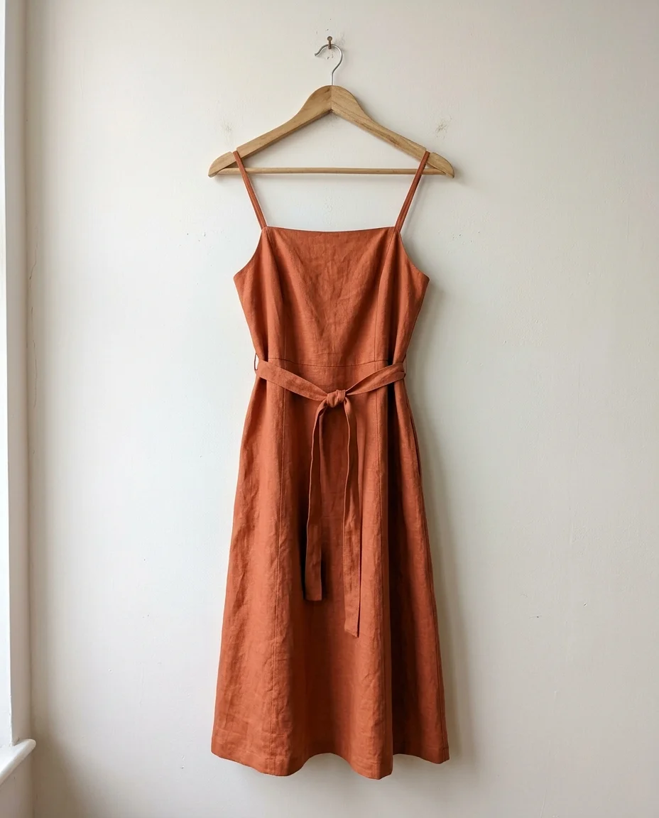 Sample product photo: terracotta linen dress on a wooden hanger