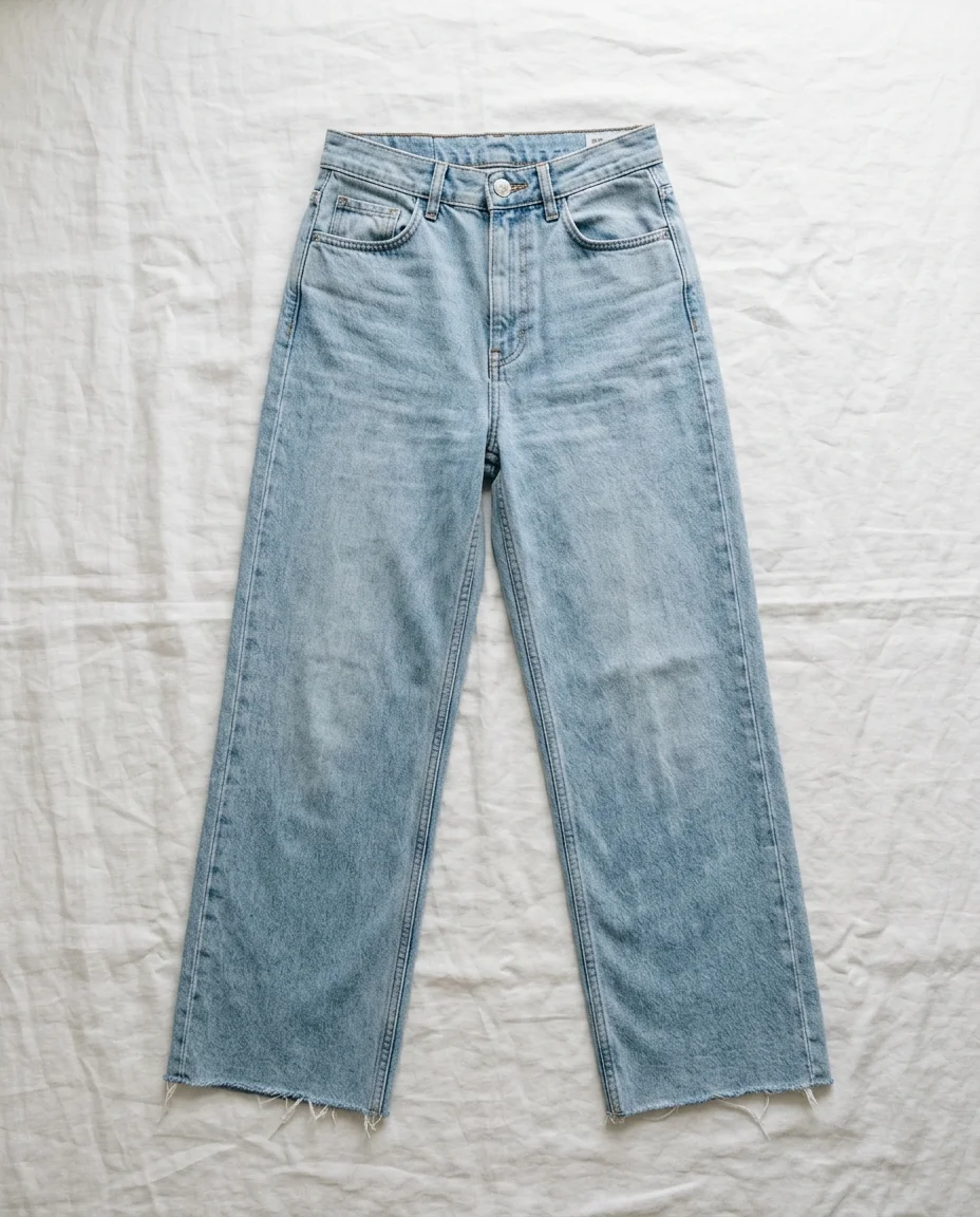 Sample product photos: cream cable-knit sweater and light-wash jeans laid flat
