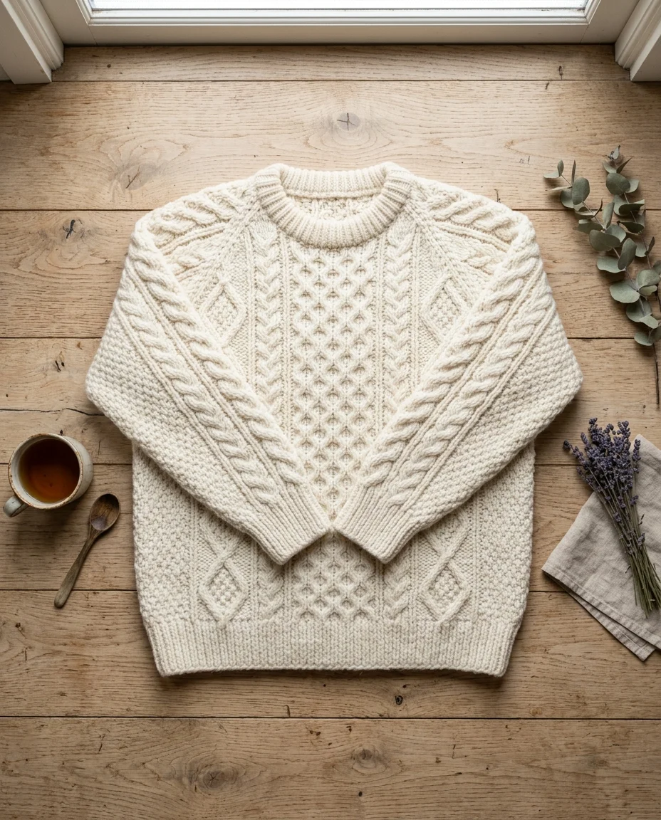 Sample product photos: cream cable-knit sweater and light-wash jeans laid flat